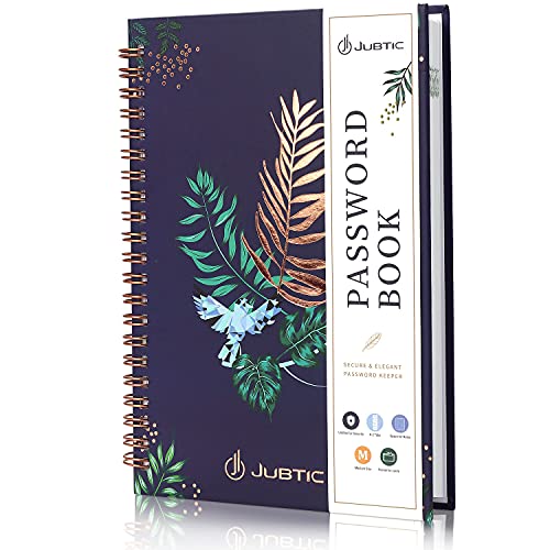 JUBTIC Password Book with Alphabetical Tabs Spiral Bound - 5.2' x 7.6' Hardcover Password Keeper Logbook for Seniors Password Notebook- Organize Internet Website Address Login - Deluxe Blue