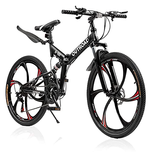 Max4out 26 Inch Folding Mountain Bike, 21 Speed Full Suspension Bicycle with High-Carbon Steel, Dual Disc Brake Non-Slip Quick Release tire MTB for Adults/Men/Women