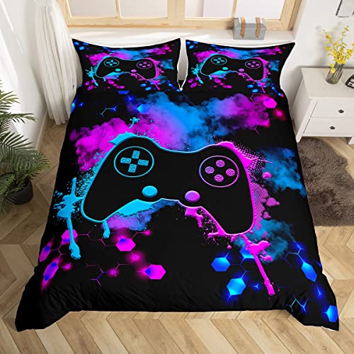 Gamer Bedding Set for Kids Boys Girls Gaming Gamepad Joystick Comforter Cover Set Full Size Novelty Modern Game Honeycomb Controller Duvet Cover Bedroom Decor Blue Purple Beehive Bedspread Cover