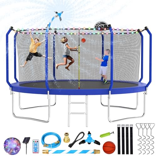 Lyromix 14FT Trampoline for Kids and Adults, Large Outdoor Trampoline with Stakes, Light, Sprinkler, Backyard Trampoline with Basketball Hoop and Net, Capacity for 4-6 Kids and Adults