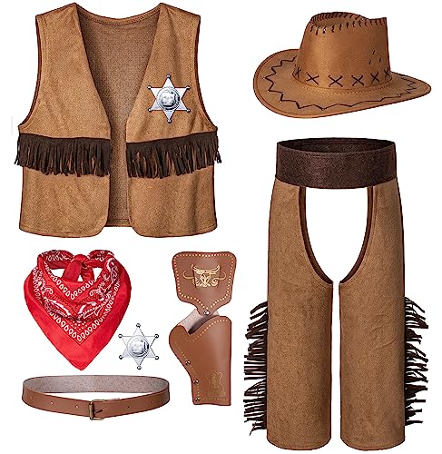 TOGROP Cowboy Costume for Boys 7pcs Set Kids Dress Up Birthday Party Halloween Cosplay 8-10 Years