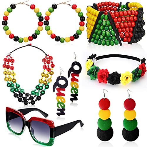 7 Pieces Jamaica African Jewelry for Women, Rasta African Beads Earrings Afro Beaded Bracelet Queen Wooden Earrings Bohemian Coconut Shell Necklace Flower Crown Square Sunglasses for Women Girls