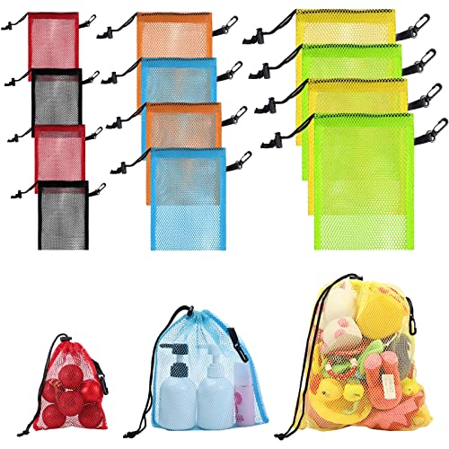 iMucci 12 Pieces 6 color Mesh Drawstring Bag with Clips, Nylon Drawstring Bags Pocket Foldable Beach Bag with Cord Lock for Swimming Collecting Toys Laundry Sports Gym Beach Travel