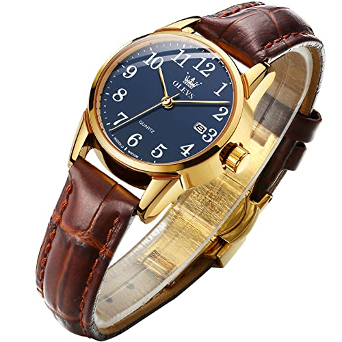 Elderly Watch Leather Women Brown Small Blue Face Ladies Watches with Date Casual Quartz Analog Woman Wrist Watches Arabic Numerals Waterproof Easy to Read Lady Watch Minimalist Gifts For Mother