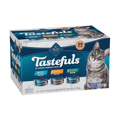 Blue Buffalo Tastefuls Wet Cat Food Paté Variety Pack, Made with Natural Ingredients | Chicken, Turkey & Chicken, Ocean Fish & Tuna Entrées, 5.5-oz. Cans (24 Count, 8 of Each)
