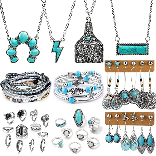 IFKM 47 PCS Silver Bohemian Jewelry Set With 4pcs Turquoise Necklace,12 pairs Dangle Earrings, 11pcs Stackable Bangle Bracelets, 20pcs Knuckle Rings For Women Girls Vintage Western Boho Turquoise