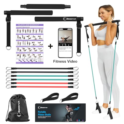 Goocrun Portable Pilates Bar Kit with Resistance Bands for Men and Women - 3 Set Exercise Bands (15, 20, 30 LB) - Home Gym, Workout Kit for Body Toning – with Fitness Poster and Video