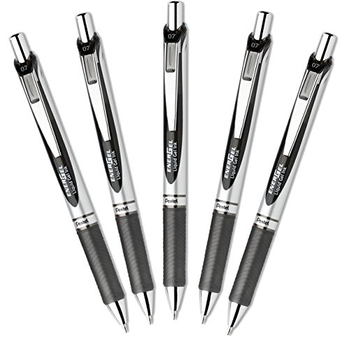 Pentel EnerGel Deluxe RTX Retractable 0.7mm Medium Line Metal Tip Liquid Gel Pen , Black Ink, 1 Set, 5 pens per set