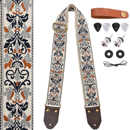 Guitar Strap, 2' Jacquard Embroidery Cotton Guitar Straps Adjustable with Leather Ends for Bass, Electric & Acoustic Guitar, Free Strap Lock and Guitar Picks, Best Gift for Men & Women Guitarists-3