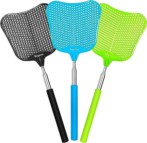 Fly Swatters-Begonia Telescopic Fly Swatters, Heavey Duty Set with Stainless Steel Extendable Handles for Indoor/Outdoor/Classroom/Office (3 Pack)