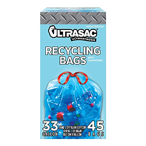 Ultrasac Blue Recycling Bags 33 Gallon 0.9 MIL, 33.5' x 38' - Pack of 45 - For Recycling, Kitchen, Industrial, & Commercial