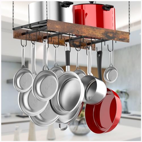 MAWEW Pot Rack Hanging,Pot Hanger,Hanging Pot Rack Ceiling Mount,Vintage Pot Hangers for Kitchen Ceiling,The Terfect Combination of Iron and Wood Pot Hanger,Measures 24 x 13 x 2.4 Inches.（Black）