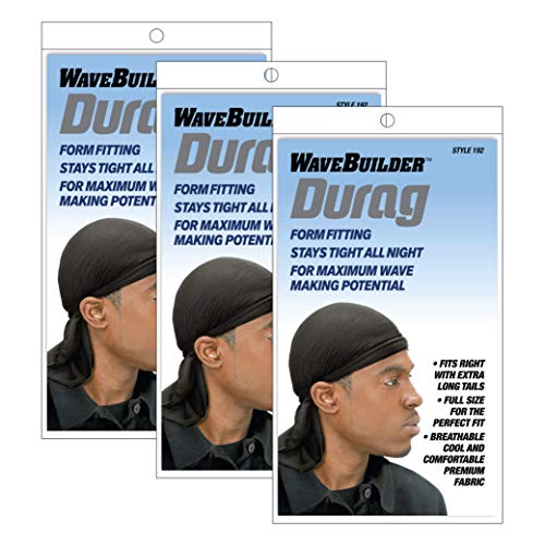 Wavebuilder Durag with Long Tails, Black 3-Pack, Best for Waves