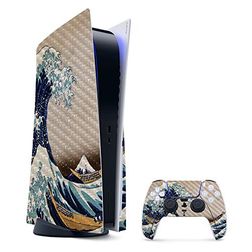 MightySkins Carbon Fiber Gaming Skin for PS5 / Playstation 5 Bundle - Great Wave of Kanagawa | Durable Textured Carbon Fiber Finish | Easy to Apply | Made in The USA
