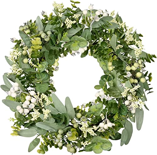 Vlorart 18 Inch Artificial Spring Summer Greenery Wreaths for Front Door Green Eucalyptus Leaf Wreath Decor Boxwood with Big Berries for Farmhouse Outside Year Round