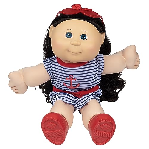 Cabbage Patch Kids Classic Doll with Silk Hair, 16' - Original Vintage Nautical Retro Style Adoptable Baby Doll - Officially Licensed - Gift for Girls - Brunette/Blue Eyes
