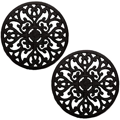 Hedume 2 Pack Cast Iron Trivet, 6.8' Cast Iron Round Trivet with Vintage Pattern and Rubber Pegs/Feet for Serving Hot Dish, Pot, Pans and Teapot on Kitchen Countertop or Dinning