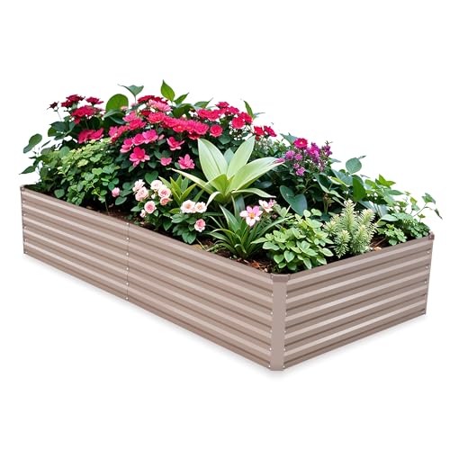 RANDUN Raised Garden Bed 8x4x1.5ft Metal Raised Garden Beds Outdoor for Vegetables - Galvanized Raised Garden Bed Deep Root Raised Planter Bed with Garden Apron & Gloves - Brown