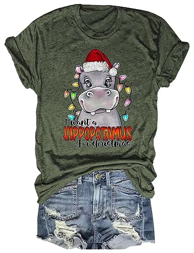 Womens Xmas Graphic Tees Funny I Just Want A Hippopotamus for Christmas T-Shirt Tops (L,812-Green)