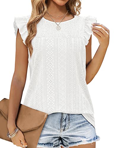 Jescakoo Womens Tank Tops White Blouse Dressy Casual Sleeveless Blouses for Women Eyelet M