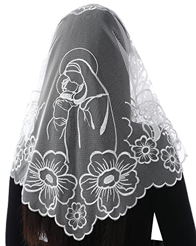 Bozidol Chapel Mantilla Christian Latin Mass Veils for Religious Prayer Orthodox Lace Head Covering Veil with Gift Box (White)