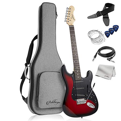 Ashthorpe 39-Inch Electric Guitar (Red-Black), Full-Size Guitar Kit with Padded Gig Bag, Tremolo Bar, Strap, Strings, Cable, Cloth, Picks