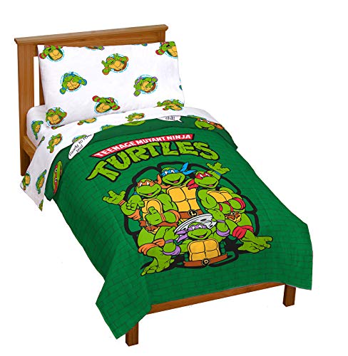 Jay Franco Nickelodeon Teenage Mutant Ninja Turtles Green Bricks 4 Piece Toddler Bed Set - Includes Reversible Comforter & Sheet Set Bedding - Super Soft Fade Resistant Microfiber