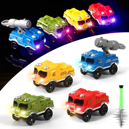 Tracks Cars Only Replacement for Magic Track, Battery Operated Snap and Glow Trax Cars, Light Up Flex Track Race Car Accessories Glow in The Dark for Kids, Toy Car for Dino/Dinosaur Tracks(4 Pack)