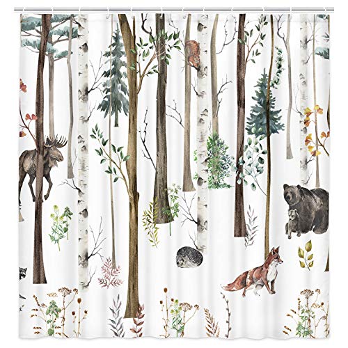 Rustic Forest Shower Curtain for Bathroom, Rustic Lodge Forest Cabin Shower Curtain Country Hunting Bathroom Curtain, Wild Animal Bear Moose Deer Fox in Forest Shower Curtain 70X70IN with 12PCS Hooks
