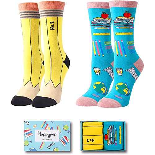 HAPPYPOP Crazy Silly Socks Women, Silly Crazy Gifts for Teens, Funny Teacher Gifts Book Lover Reading Gifts Pencil Socks