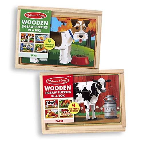 Melissa & Doug Animals 4-in-1 Wooden Jigsaw Puzzles Set - Pets and Farm - Toddler Wooden Jigsaw Puzzles, Animal Puzzles, Take-Along Puzzles For Toddlers And Kids Ages 3+, 12