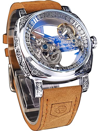 FORSINING Men's Luxury Square Carving Mechanical Watch, Retro Totem Double Sided Hollow Skeleton Self-Wind Automatic Watches, Vintage Leather Strap Wristwatch, Silver