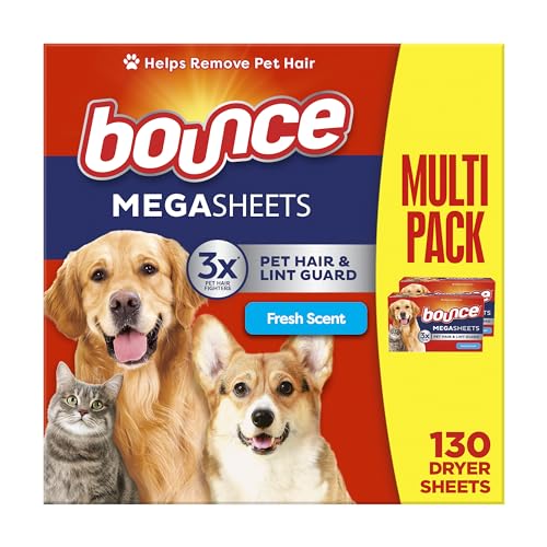 Bounce Pet Hair and Lint Guard Mega Dryer Sheets with 3X Pet Hair Fighters, Fresh Scent, 130 Count (Packaging May Vary)