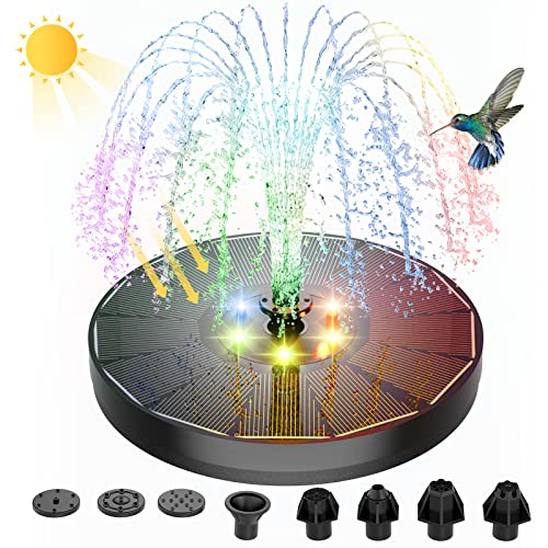 ALUKIKI Solar Powered Fountain 4W Bird Bath Fountains Pump Upgraded Glass Panel Fountains with Color LED Lights 7 Nozzles & 4 Fixers for Garden Small Pond Outdoor Swimming Pool Fish Tank