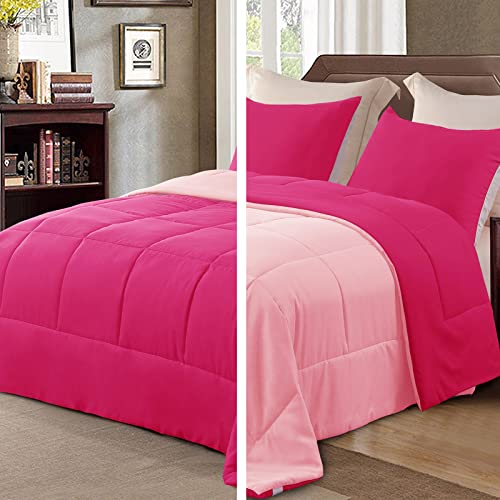 Exclusivo Mezcla Lightweight Reversible 3-Piece Comforter Set All Seasons, Down Alternative Comforter with 2 Pillow Shams, Queen Size, Hot Pink/Bright Pink