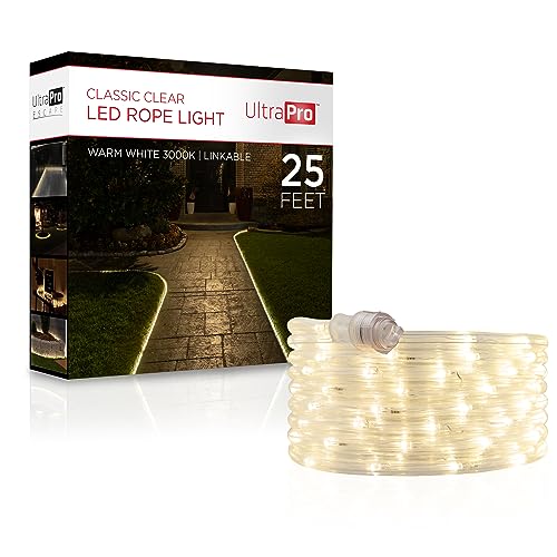 UltraPro LED Rope Lights, 25ft Classic Clear Rope, Warm White Light 3000K, Indoor/Outdoor, Flexible, Linkable, Durable, Rope Lights Outdoor, 54504