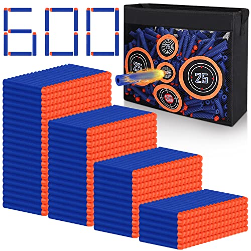 Pokiiulk 600PCS Refill Bullets Fit for Nerf Guns N-Strike Elite Series Blasters Toy Guns Darts with Portable Shooting Practice Target Toy Storage Mesh Bag