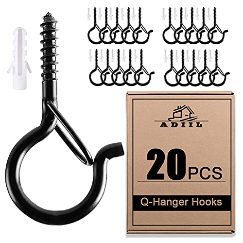 ADIIL 20 PCS Q Hanger Hooks with Safety Buckle, Windproof Screw Hooks for Hanging Outdoor String Lights, Plants, Christmas & Patio Lights, 2.2 Inches, Black