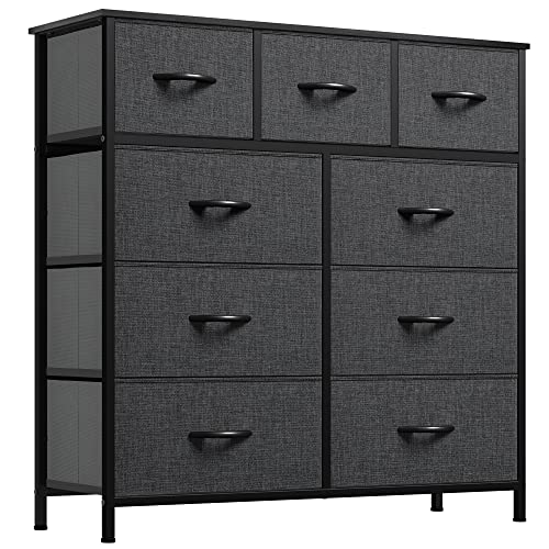 YITAHOME Dresser with 9 Drawers - Fabric Storage Tower, Tall Chest Organizer Unit for Living Room, Entryway with Sturdy Steel Frame, Wooden Top, Black Grey