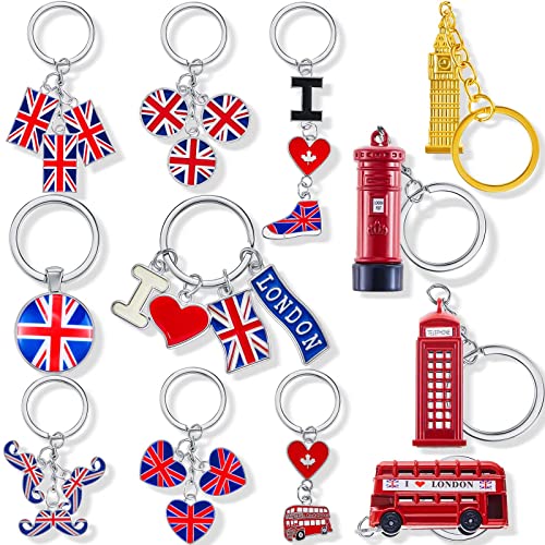 Henoyso 12 Pack London Souvenir Keychains UK Flag Keyrings for British Christmas Gifts Party Decorations, Multi Styles