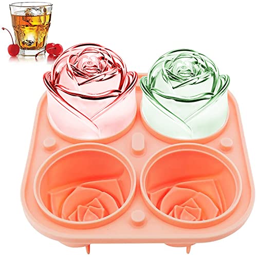 KooMall 3D Rose Ice Molds 2.5 Inch, Large Ice Cube Trays, Make 4 Giant Cute Flower Shape Ice, Silicone Rubber Fun Big Ice Ball Maker for Cocktails Juice Whiskey Bourbon Freezer, Dishwasher Safe, Pink