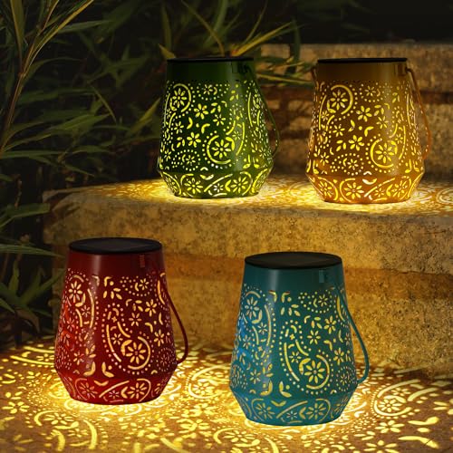 4 Pack Solar Lanterns Outdoor Garden Decor - OxyLED Solar Lanterns Lights Outdoor Waterproof, 4 Colors LED Hanging Solar Powered Lantern with Handle for Outside Patio Yard Table Fence, Gardening Gift