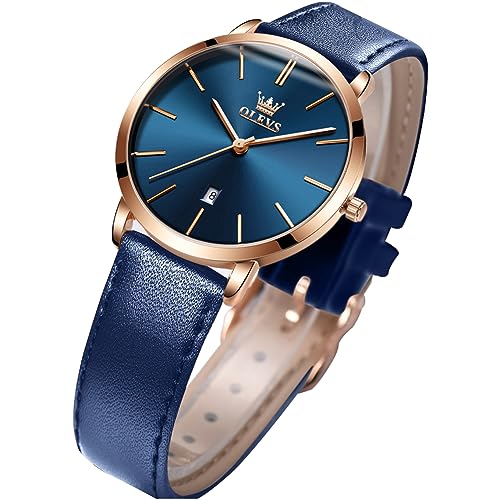 OLEVS Womens Watches for Ladies Female Wrist Watch Navy Blue Dial Leather Band Waterproof Thin Minimalist Fashion Casual Simple Dress Quartz Analog Classic Gifts with Date Calendar Rose Gold