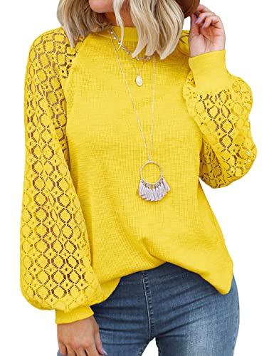 MIHOLL Women’s Long Sleeve Tops Lace Casual Loose Blouses T Shirts (Yellow, Medium)
