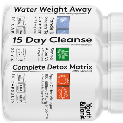 3pk Detox Cleanse Kick Off Weight Management | Colon Cleanser + Water Loss Pills w Dandelion + ACV Full Body Detox + Probiotics | For Flat Stomach, Waistline, Metabolism, Bloating – 90 Pills