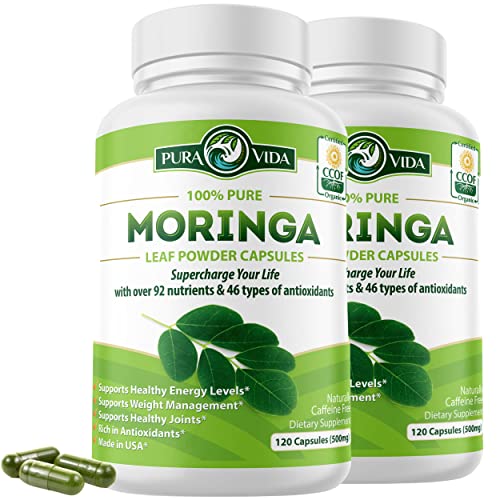 PURA VIDA MORINGA Moringa Capsules Single Origin Organic Moringa Powder. Moringa Leaf. Energy, Metabolism, & Immune Support. 120ct. 500mg Caps. (Pack of 2)