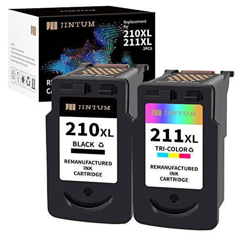 JINTUM Remanufactured Ink Cartridges Replacement for Canon 210XL 211XL PG-210XL CL-211XL Combo Pack for PIXMA MX410 MX350 MX340 MP495 MP250 Printer (1 Black + 1 Tri-Color)