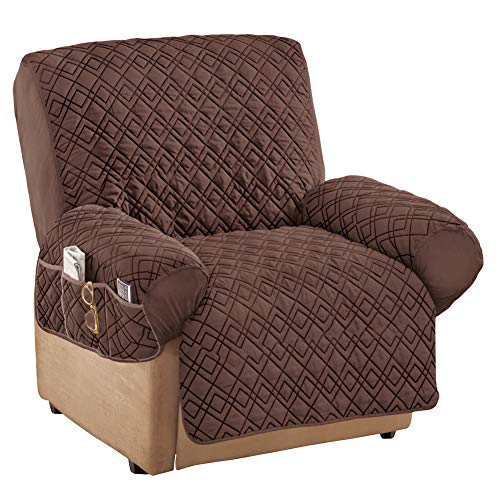 Collections Etc Diamond-Shape Quilted Stretch Recliner Cover with Storage Pockets and Elastic Straps - Furniture Protector, Chocolate, Recliner