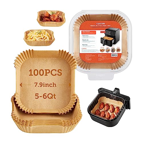 COSORI Air Fryer Liners, 100 PCS Square Disposable Paper Liners, Non-Stick Silicone Oil Coating, Little to No Cleaning, 7.9' Unbleached Food Grade, Resistant to 465°F, Thickened Not Easy to Break