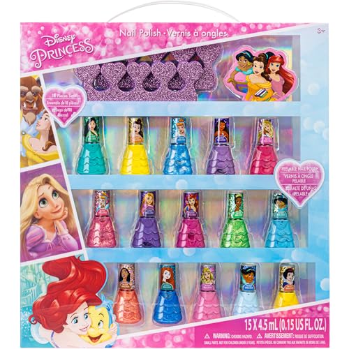 Townley Girl Disney Princess 15 Piece Water-Based Nail Polish with 3 Toe Spacers| Quick Dry| Peel Off| Gift Kit Set for Kids Girls| Ages 3